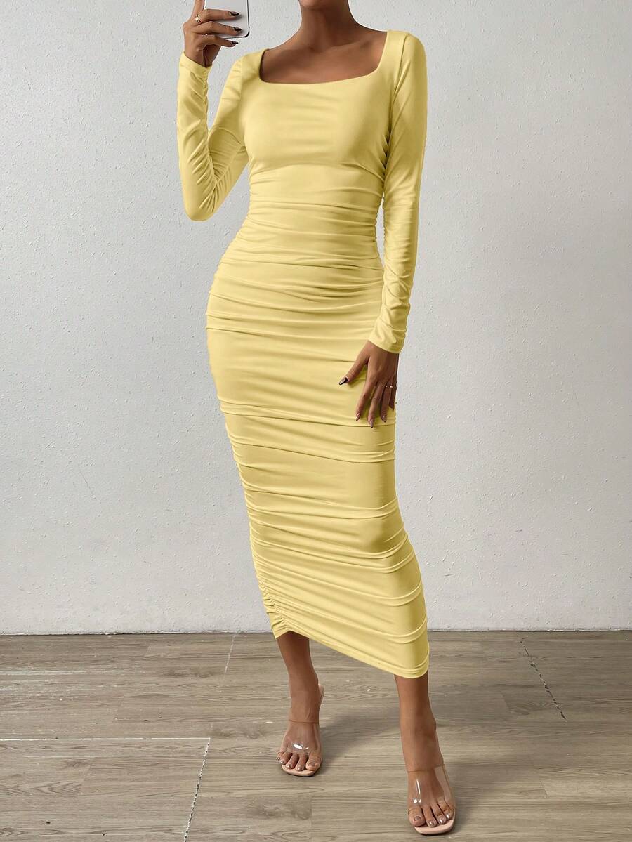 Chiquease Vestido ajustado de cuello cuadrado fruncido - Amarillo - Ver 1