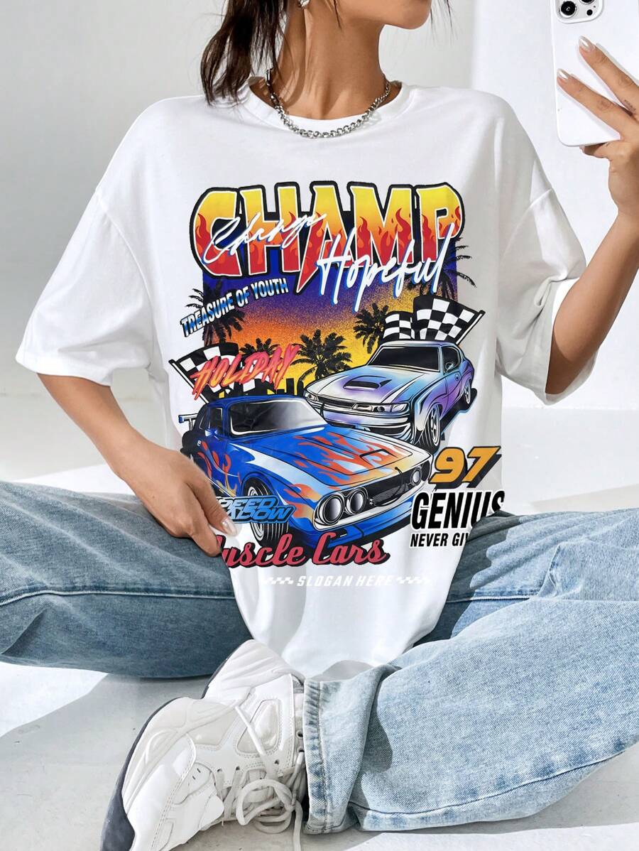 SHEIN EZwear 休闲字母与汽车印花超大圆领短袖 T 恤，女士，夏季，男女通用 - 白色 - 查看 1