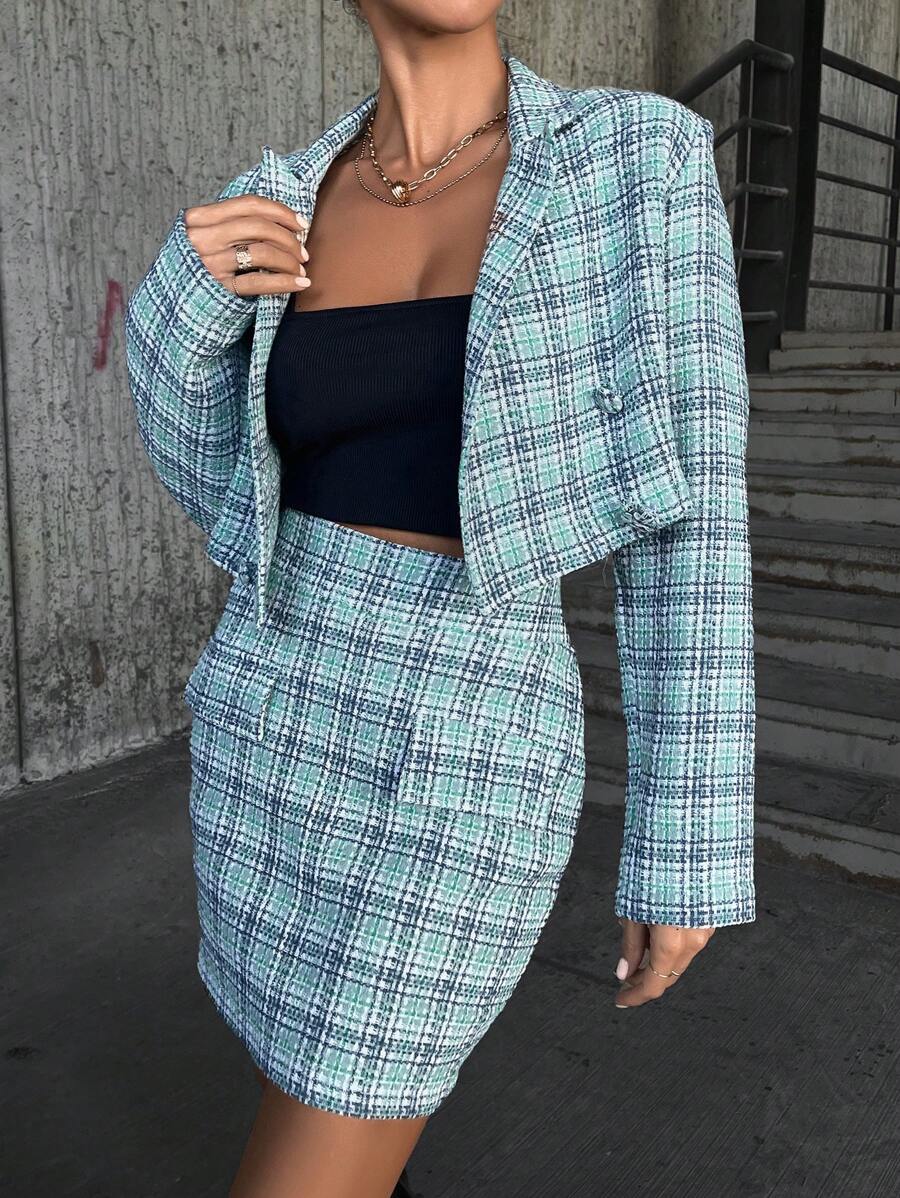 EURMUSE 格紋翻領外套和翻蓋細節裙子 - 藍色 - 查看 1