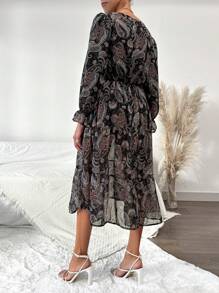 SHEIN Cottnline Paisley Print Flare Sleeve Ruffle Hem Dress - Multicolor - View 2