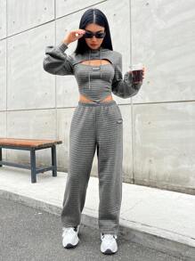 SHEIN EZwear Letter Patched Detail Cutout Drawstring Hoodie & Sweatpants - Dark Grey - View 6