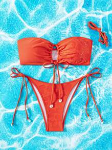 SHEIN Swim 束口頭帶系帶變色泳裝套裝，夏季沙灘泳衣 - 紅色 - 查看 4