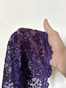 Floral Lace Chain Detail Belted Sleep Romper Without Liner - Purple - View 5