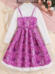 SHEIN Cô gái Tween Kim sa Hiệu ứng Váy Dây & Áo thun - Màu Hồng Tươi - Xem 2
