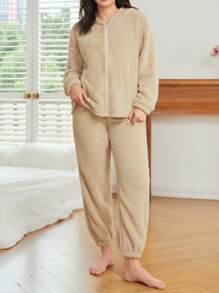 3D耳朵設計連帽法蘭絨睡衣套裝 - 駝色 - 查看 4