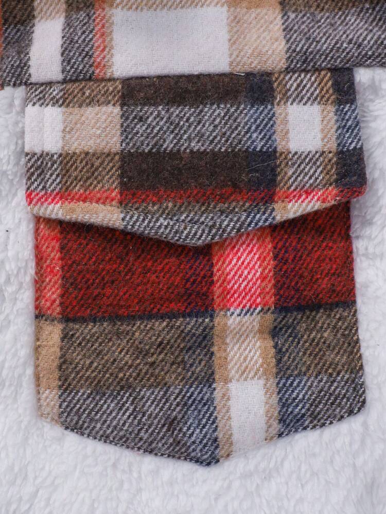 Tween Girl Plaid Print Flap Pocket Teddy Panel Jacket