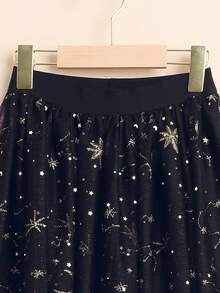 SHEIN Tween Girl Gold Star Print Mesh Overlay Skirt - Black - View 5
