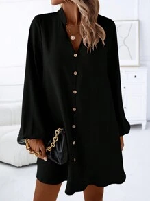 SHEIN LUNE 纯色纽扣前灯笼袖连衣裙，女士长袖缺口宽松短款黑色纯色女士短裙，春/秋，休闲日常穿着 - 黑色 - 查看 5