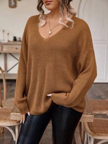 SHEIN LUNE Áo len chui đầu vai rớt màu trơn dành cho nữ cỡ lớn, chất liệu dệt kim, thích hợp cho mùa thu đông. - Cà phê nâu - Xem 3