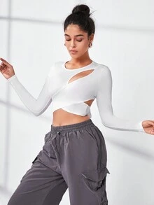 Yoga Trendy 鏤空交叉圍裹短款運動T恤 - 白色 - 查看 3