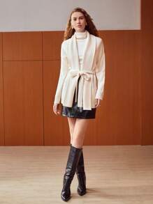 MOTF PREMIUM 100% PURE WOOL SHAWL COLLAR BELTED CARDIGAN - Beige - View 3