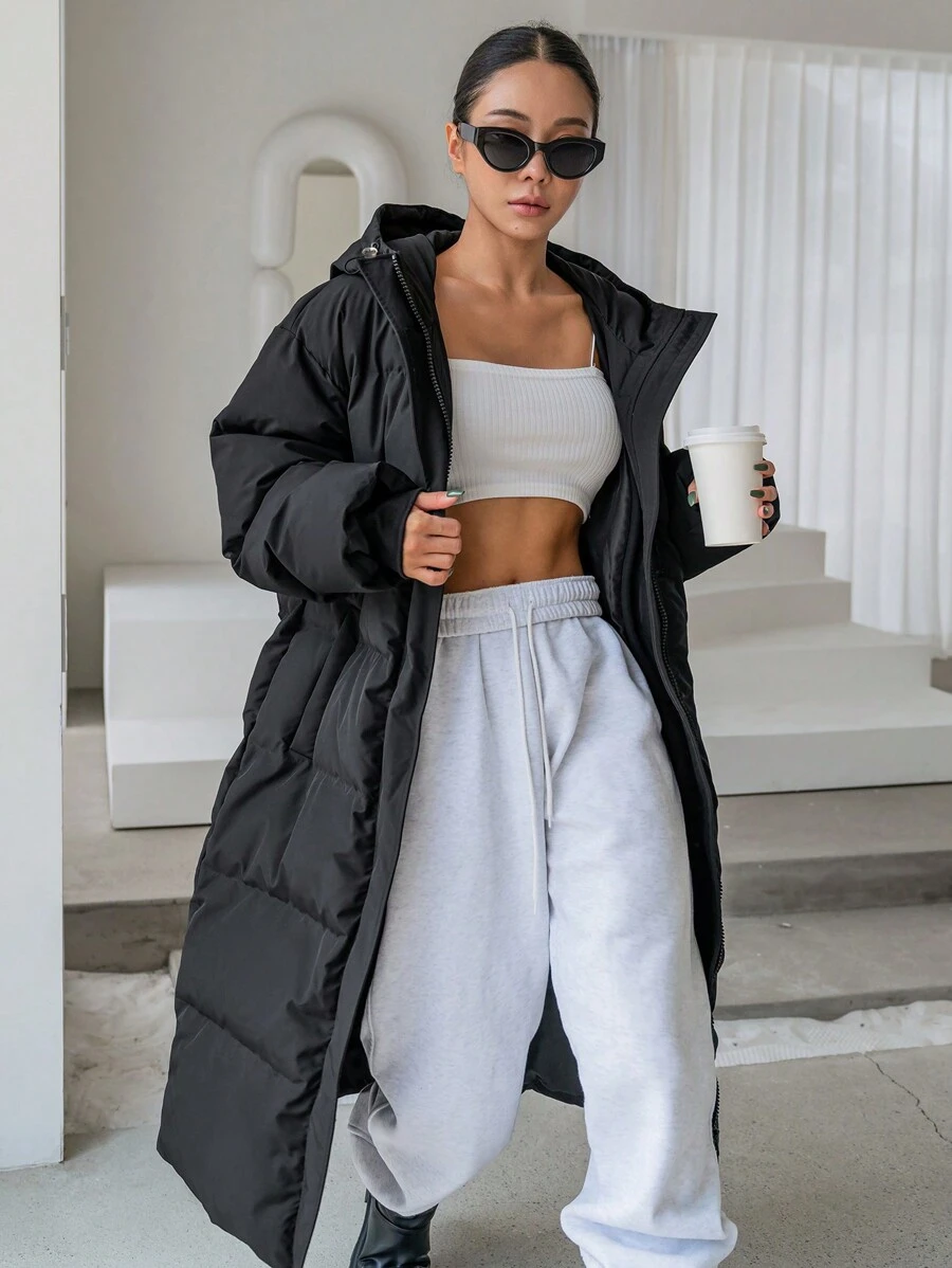 DAZY Slant Pockets Drawstring Hooded Padded Thick Pockets Coat, Women Winter Coat