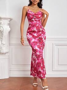 SHEIN Privé 印花垂領吊帶洋裝 - 玫紅色 - 查看 1