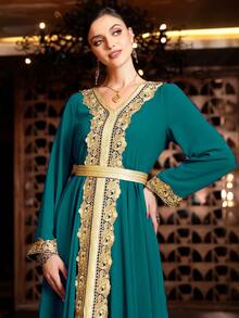 Al Najma Contrast Trimmed Belted Kaftan - Teal Blue - View 6