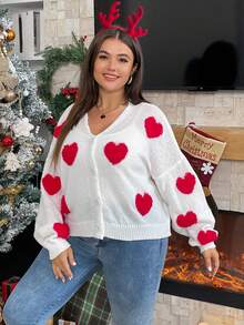 SHEIN Privé Hơn Hình trái tim Thả vai Áo len Mở - trắng - Xem 5