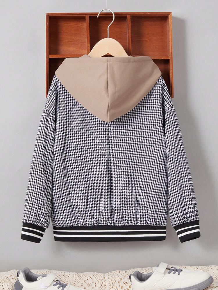 Tween Boy Houndstooth & Letter Graphic Striped Trim Hooded Thermal Lined Jacket