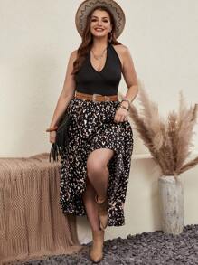 SHEIN VCAY Plus Allover Print Ruffle Hem Halter Dress Without Belt - Multicolor - View 5