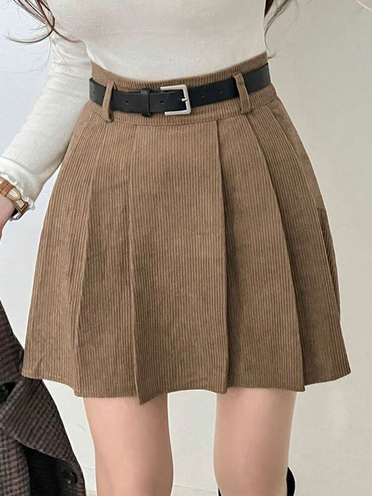 Women's Solid Color Pleated Corduroy Mini Skirt Thermal Lined