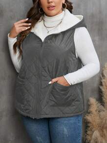 SHEIN LUNE 大碼雙口袋毛絨內襯連帽馬甲絎縫大衣 - 深灰色 - 查看 4