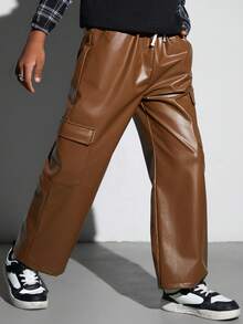 SHEIN Tween Boy Flap Pocket Side Drawstring Waist Cargo PU Leather Pants - Brown - View 6