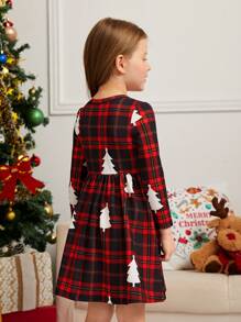 SHEIN Váy len dài vừa phải hình cây thông Noel cổ tròn cho bé gái, trang phục phù hợp cho mẹ và bé (2 món bán riêng) - Đỏ - Xem 6