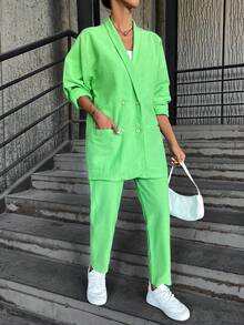 EURMUSE Solid Shawl Collar Drop Shoulder Blouse & Pants - Green - View 3