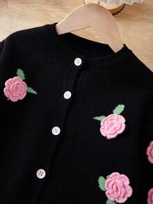 SHEIN Chica Joven Cárdigan con patrón floral - Negro - Ver 4