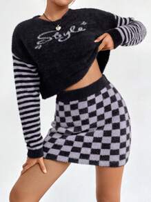 Chiquease Letter Pattern Drop Shoulder Sweater & Checker Pattern Knit Skirt Fall Cloth For Women - Black - View 5