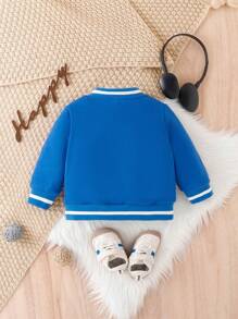 Baby Boy Letter Patched Striped Trim Varsity Jacket Without Tee - Royal Blue - View 2