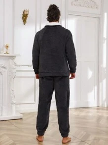 Men Contrast Trim Teddy PJ Set - Multicolor - View 2