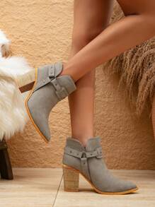 Styleloop 女士們時尚尖頭鉚釘粗跟踝靴 - 淺灰色 - 查看 5