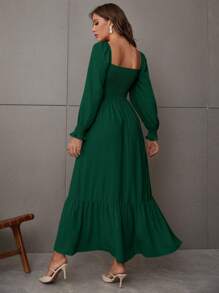 LUMIGAL Square Neck Shirred Ruffle Hem Dress Maxi Vacation Beach Outfits Women Fall Cloth For Women - Dark Green - View 2