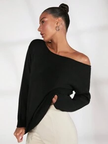 SHEIN BASICS 纯色落肩毛衣，女士深秋休闲不对称长袖宽松黑色落肩套头衫女式毛衣，长袖上衣 - 黑色 - 查看 3