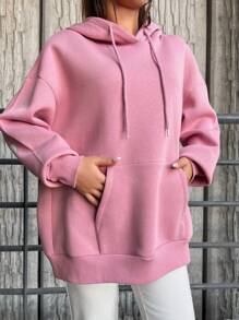 RueChic Heart Print Drop Shoulder Drawstring Hoodie - Pink - View 3