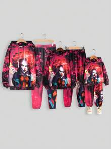 Manfinity 男士人像圖案抽繩連帽衫和運動褲 - 黑色 - 查看 6