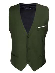 Men Button Front Waistcoat - Green - View 4