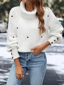 SHEIN Essnce 愛心圖案高領落肩袖套頭毛衣 - 白色 - 查看 6