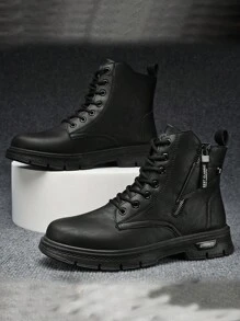 男士時尚高幫工作靴子,PU皮革,休閒鞋 - 黑色 - 查看 3
