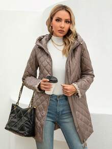 Zip Up Hooded Quilted Coat - Brown - View 4