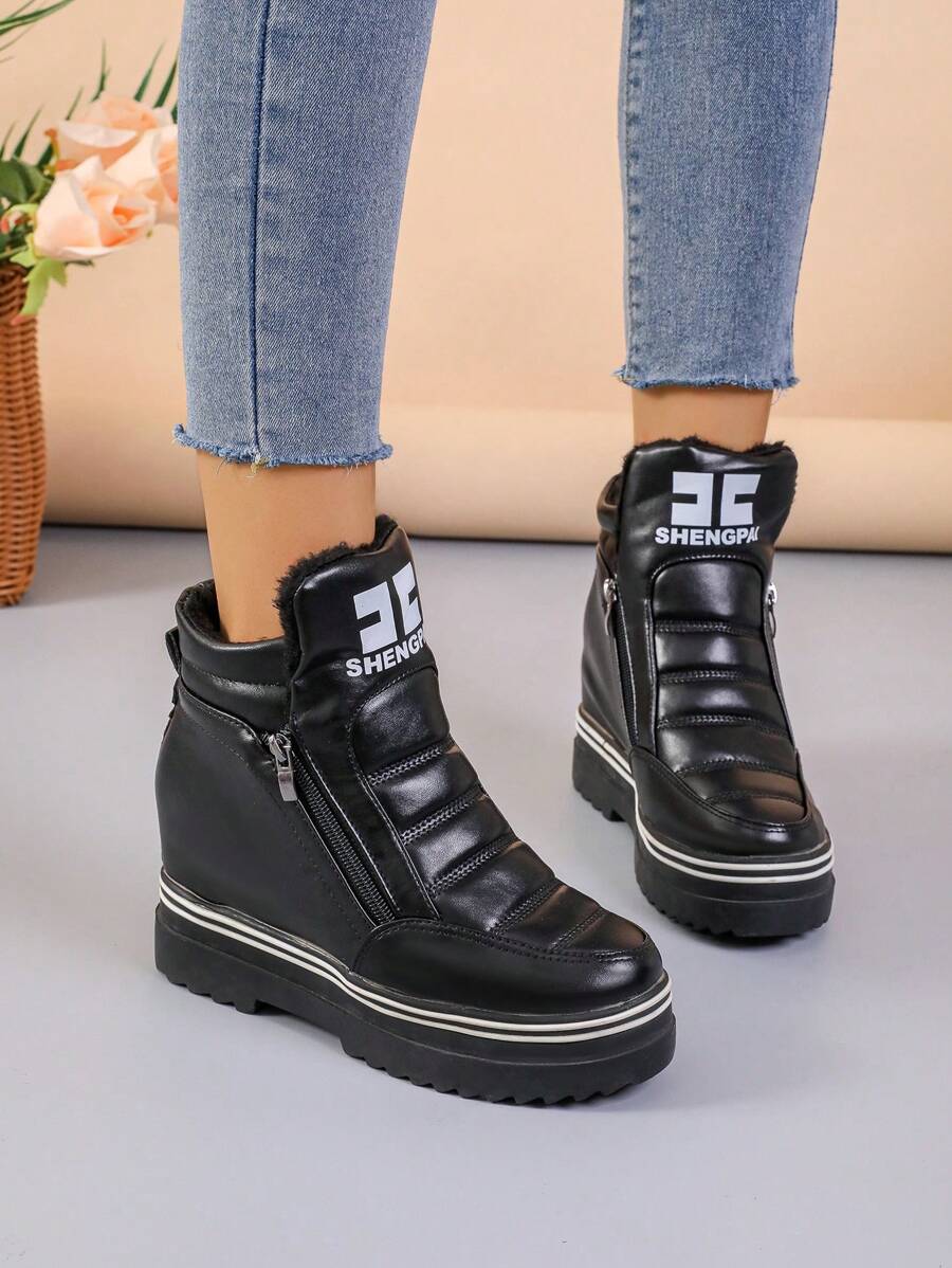 Women's High Heel Wedge Sneakers With Thick Sole - Black - View 1