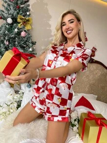 Christmas Santa Claus & Checker Print Contrast Piping Satin PJ Set - Multicolor - View 4