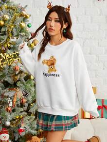 SHEIN EZwear Sudadera con estampado de oso y letra de hombros caídos - Blanco - Ver 5