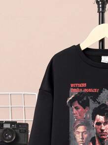 SHEIN Tween Boys Slogan & Figure Graphic Drop Shoulder Thermal Lined Sweatshirt - Black - View 5