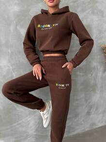 EURMUSE Embroidery Detail Thermal Hoodie & Sweatpants - Brown - View 6