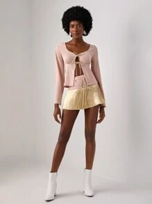 ASHLEY Designer Tie Front Waffle Knit Tee, For Holiday, Vacation, Spring, Festival, Ibiza Fits - Pink - View 4