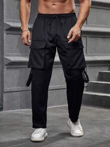 Manfinity LEGND Men Plus Loose Flap Pocket Buckle Detail Drawstring Waist Cargo Pants - Black - View 1