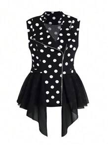 SHEIN LUNE Hơn In vết tròn Polka Dây kéo Viền không đối xứng Áo khoác vest - màu đen - Xem 1