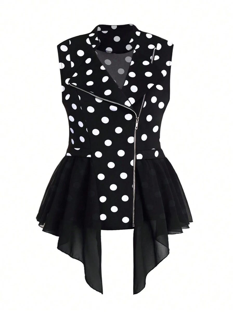 SHEIN LUNE Hơn In vết tròn Polka Dây kéo Viền không đối xứng Áo khoác vest - màu đen - Xem 1