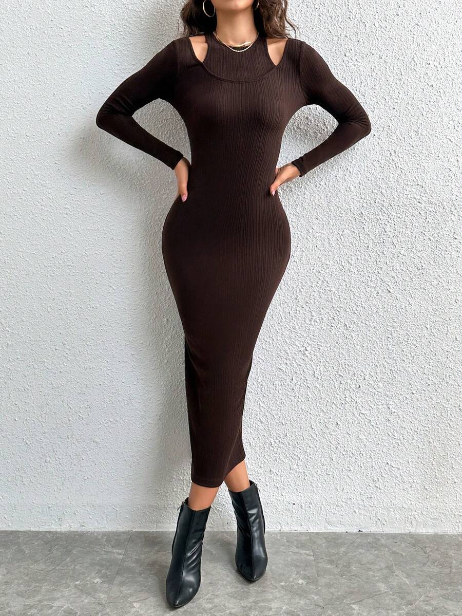 SHEIN Essnce Kesmek Nervürlü Örgü Sade Gündelik Zarif Kadın Elbiseler - Kahverengi - Görünüm 1