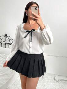 SHEIN Qutie Plus Frill Trim Bow Front Blouse - White - View 3